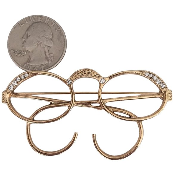 1928 Brand Gold Tone Clear Rhinestone Spectacles Eye Glass Brooch Pin K810 - Picture 5 of 7